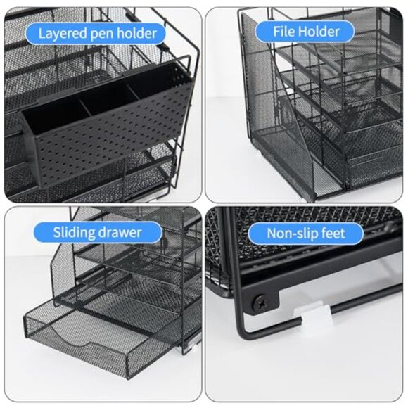 5-Tier Desk Organizer with Drawer & Pen Holder, Metal Mesh Office Storage - Picture 7 of 8